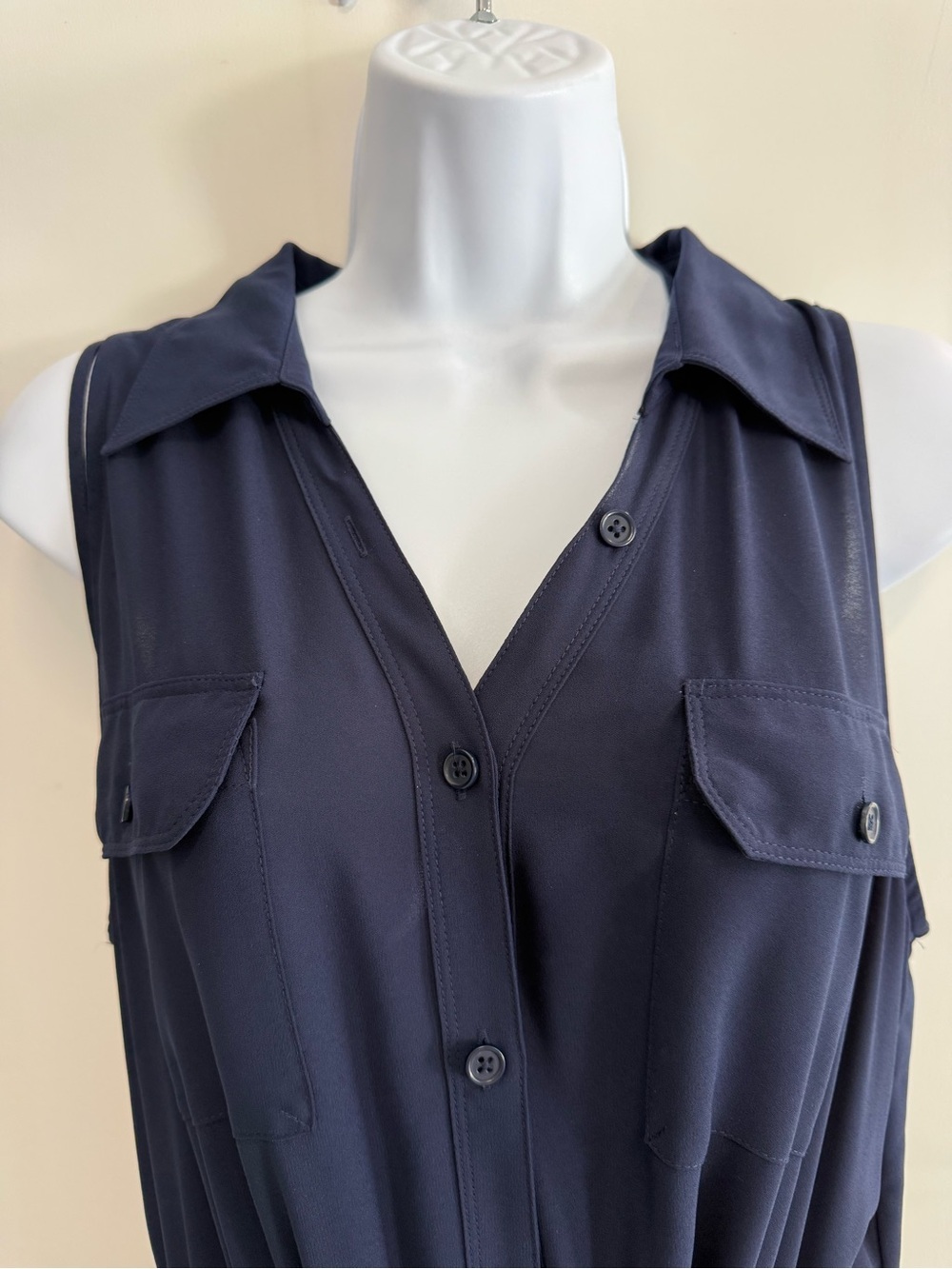 White House, Black Market , Sleeveless Navy Pleated Midi Dress with Belt